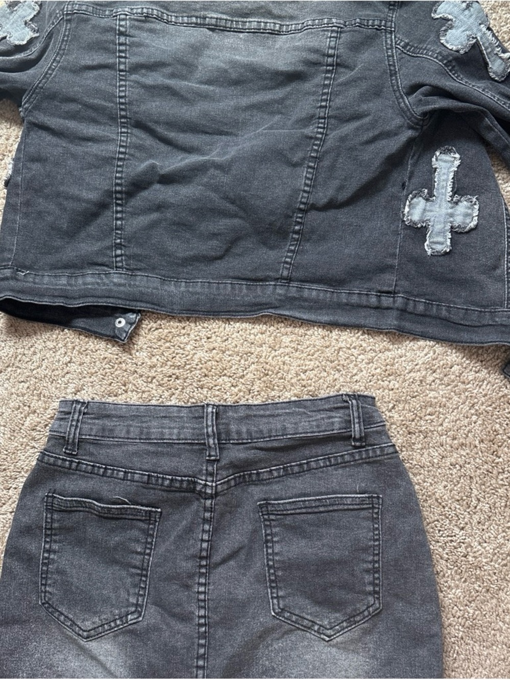 Black Denim Two-Piece Set with Distressed Cross Appliqués - Picture 3 of 4